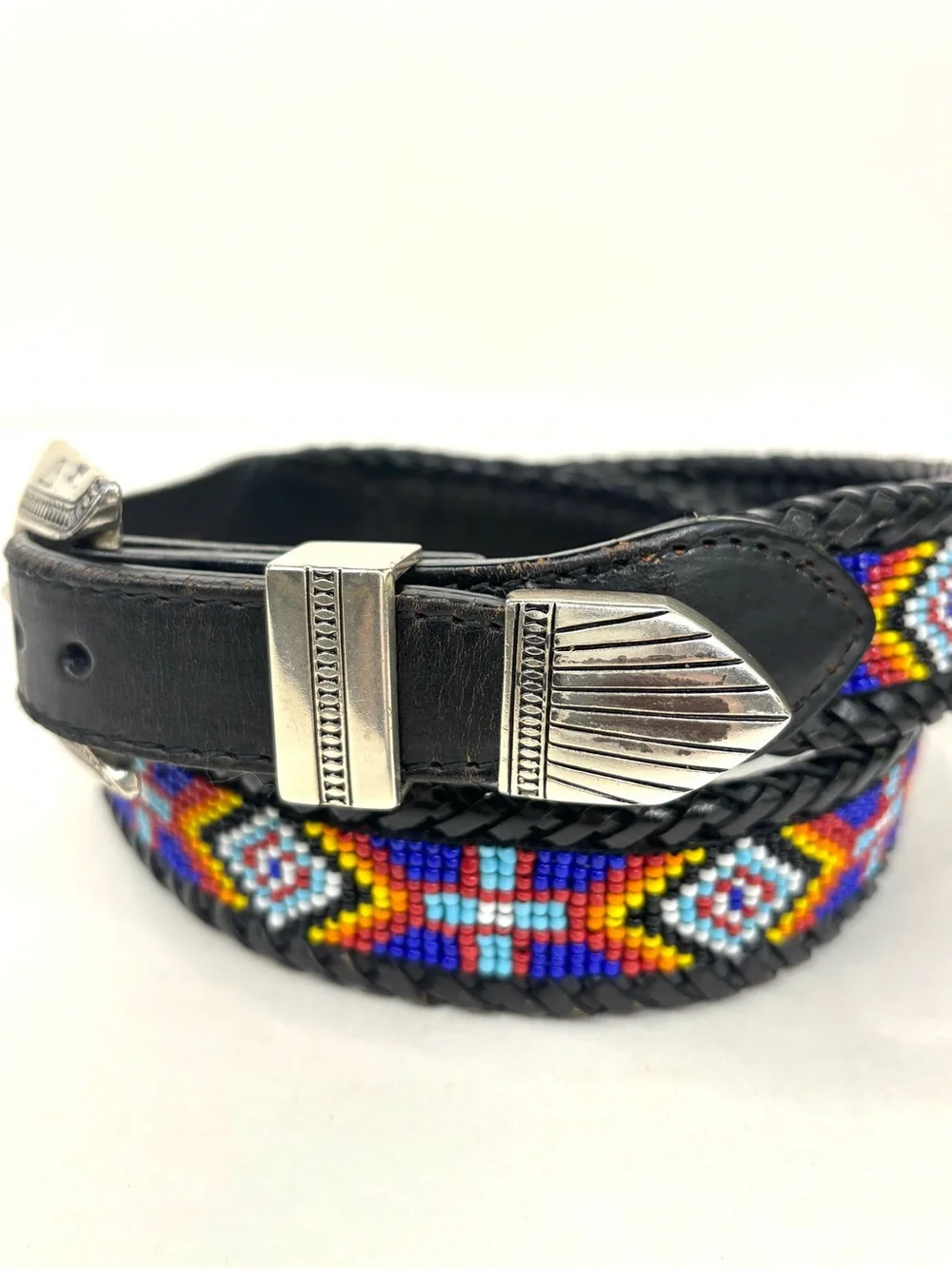 Brighton 1991 Beaded Aztec Southwest Black Braided Leather Belt Silver Buckle M‎